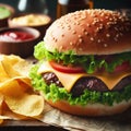 delicious perfect burger served with crisps