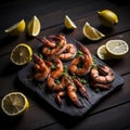 delicious perfectly grilled prawns and lemon slices on a black stone cutting board. Illustration-photo for the menu