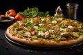 Pesto chicken pizza with fresh toppings, close up