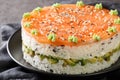 Delicious philadelphia sushi cake with red fish, rice, avocado, cream cheese, seaweed, sesame seeds decorated with wasabi close-up Royalty Free Stock Photo