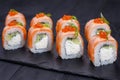 Delicious philadelphia sushi roll with grilled salmon and caviar Royalty Free Stock Photo