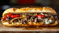 Delicious Philly cheesesteak with chopped beef peppers, caramelized onions with pickles and provolone cheese in a crisp hoagieroll