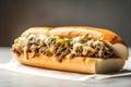 Delicious Philly cheesesteak with chopped ribeye steak with pickles green peppers onions and provolone cheese in a crisp roll