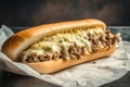 Delicious Philly cheesesteak with chopped ribeye steak with pickles green peppers onions and provolone cheese in a crisp roll.