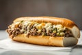 Delicious Philly cheesesteak with chopped ribeye steak with pickles green peppers onions and provolone cheese in a crisp roll.