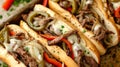 Delicious Philly cheesesteaks with chopped beef peppers, caramelized onions with pickles and provolone cheese in a crisp