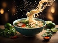 Delicious Pho noodle, Ramen, broth, soup, floating in the air, Cinematic advertising photography
