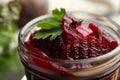 Delicious pickled beets in jar, closeup