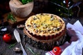 Delicious pie with chicken meat, eggplant, mushrooms, onion and cheese. Royalty Free Stock Photo