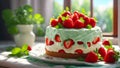 Delicious pie with fresh strawberries, cream, mint holiday beautiful summer Royalty Free Stock Photo