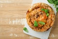 Delicious pie Spanakopita with soft feta cheese and spinach on old light wooden table backgrounds. Traditional Greek Spiral filo Royalty Free Stock Photo