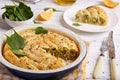 Delicious pie with spinach and feta cheese, made from filo pastry, decorated with sesame seeds Royalty Free Stock Photo