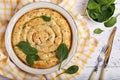 Delicious pie with spinach and feta cheese, made from filo pastry, decorated with sesame seeds Royalty Free Stock Photo