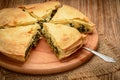 Delicious pie with spinach and feta cheese - spanakopita, traditional greek cuisine.