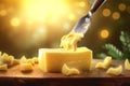 Delicious piece of butter and a fork. Butter curls on a wooden table. Generated by AI