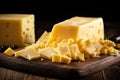 Delicious piece of cheese on rectangular wooden board, gourmet dairy product on black background