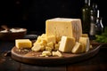 Delicious piece of cheese on rectangular wooden board, gourmet dairy product on dark background