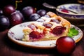 Delicious piece of pie with plums home dessert plate. Generate Ai