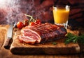 Delicious piece smoked bacon on cutting board