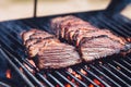 Delicious pieces of meat with barbecue sauce on smoker grill