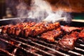 Delicious pieces of meat with barbecue sauce on smoker grill