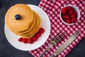 Delicious pile of hot homemade pancakes with fresh raspberries