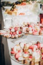 Delicious pink candy bar at wedding reception or christmas celebration. Pink and white macarons,cupcakes, desserts on stand, Royalty Free Stock Photo