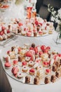 Delicious pink candy bar at wedding reception. Pink and white desserts,macarons and cupcakes on stand, modern sweet table at Royalty Free Stock Photo