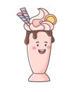 Delicious pink cocktail with.whipped cream, straws and cookies. Funny illustration with milkshake. Vector character on