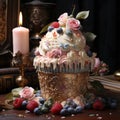 Delicious pink Fairy muffins cake in a pretty vintage style and Renaissance fruit raspberry berries