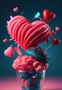 Delicious pink ice cream dessert with colorful blue biscuits and bid glazed heart above for Valentine\'s Day