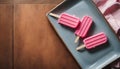 Delicious Pink Popsicles on a Wooden Table, Copy Space