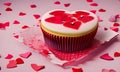 Illustration of a delicious pink and red frosted cupcake with hearts