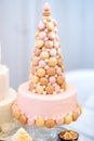 Delicious pink wedding cake decorated with macaroons Royalty Free Stock Photo