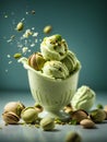 Delicious pistachio gelato, ice cream, floating in the air, sweet Italian dessert, cinematic ads