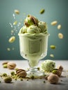 Delicious pistachio gelato, ice cream, floating in the air, sweet Italian dessert, cinematic ads