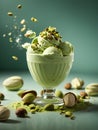 Delicious pistachio gelato, ice cream, floating in the air, sweet Italian dessert, cinematic ads