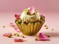 Delicious pistachio ice cream with fresh rose petals on pink background