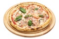 Delicious pizza with champignon mushrooms, ham, tomato sauce and mozzarella, isolated on white background Royalty Free Stock Photo
