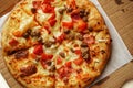 Delicious Pizza, close up photo of a delicious pizza with mozzarella cheese, onions, meat, tomato Royalty Free Stock Photo