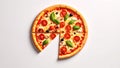 Delicious pizza with fresh toppings and a missing slice on a white background Royalty Free Stock Photo