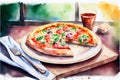 A delicious pizza, generative ai illustration featuring a crispy crust, melted cheese, and savory toppings