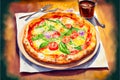 A delicious pizza, generative ai illustration featuring a crispy crust, melted cheese, and savory toppings