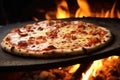 A delicious pizza lays on top of a pizza pan, positioned in front of a crackling fire, A piping hot pizza fresh out of the brick