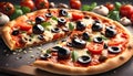 Delicious pizza with melted cheese and an array of toppings including pepperoni, mushrooms, and black olives Royalty Free Stock Photo