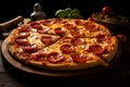 Delicious Pizza pepperoni italian table. Generate Ai