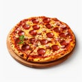 Delicious Pizza With Pepperoni And Sausage On Wood Pizza Table