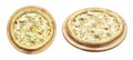 Delicious pizza with pineapple, chicken and ricotta cheese served on a wooden plate isolated on a white background. Concept for