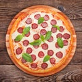 Delicious pizza with salami on the old boards Royalty Free Stock Photo