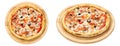 Delicious pizza served on a wooden plate isolated on a white background. Concept for advertising flyer and poster for restaurants Royalty Free Stock Photo